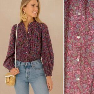 Banjanan Jennifer Floral Hedgehog Boysenberry Button Front Blouse Size XS